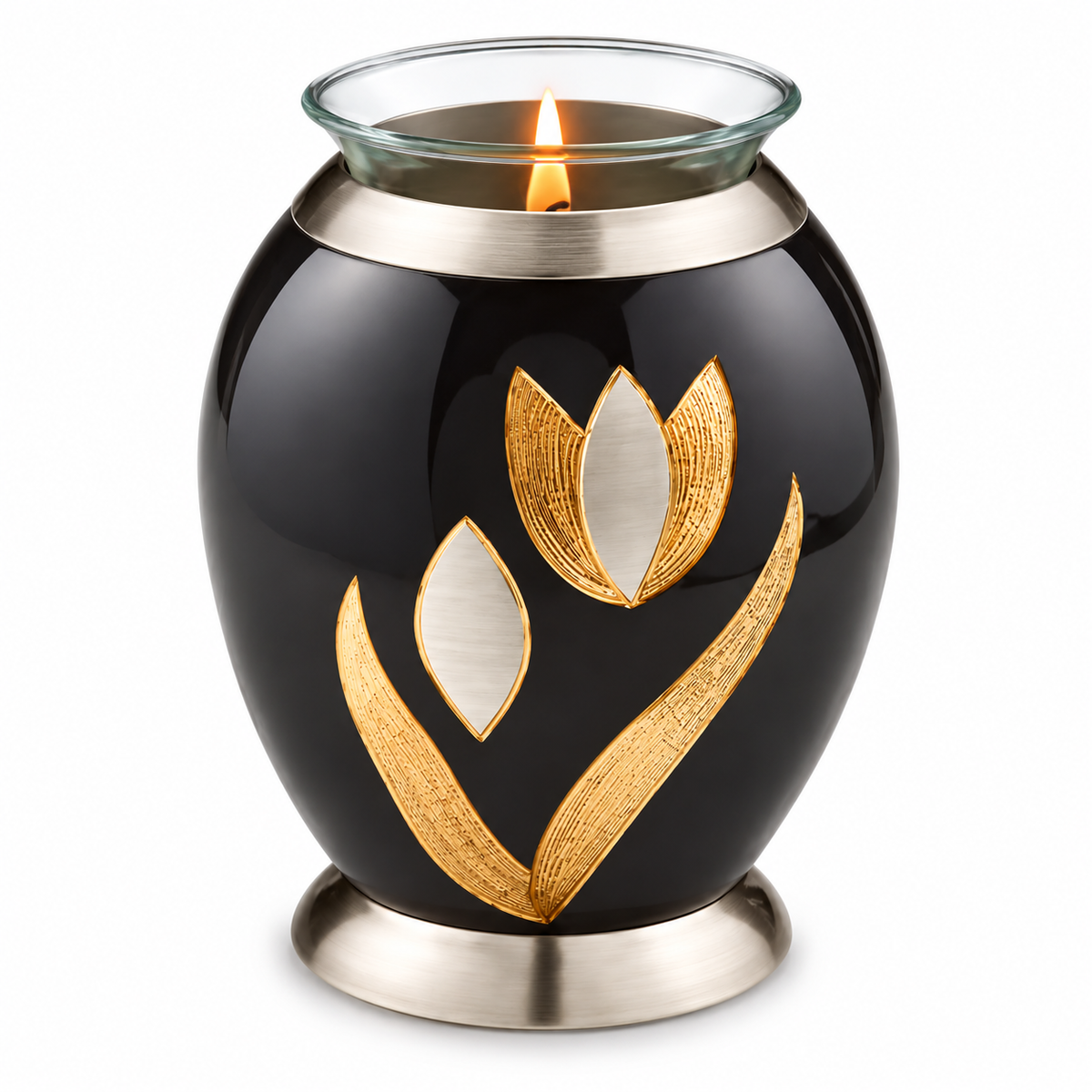 De laatste aai zwarte aluminium mini urn met goud-zilveren tulp en glazen waxinelichthouder voor huisdier-as