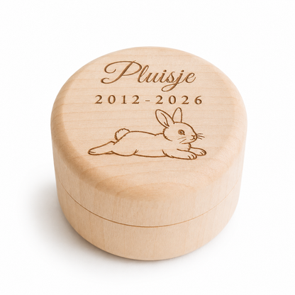 Houten herinneringsdoosje met memorial flesje – Konijn - Gepersonaliseerd