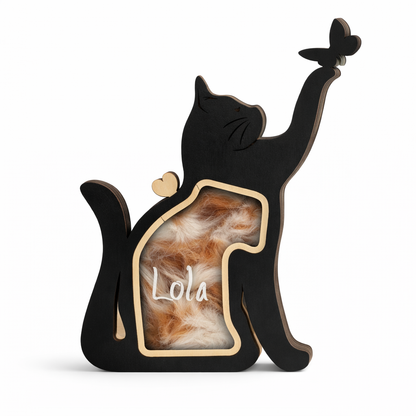 houten herinneringskat met naam om plukjes haar van je kat te bewaren