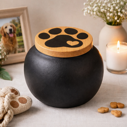as urn voor hond met pootafdruk op deksel