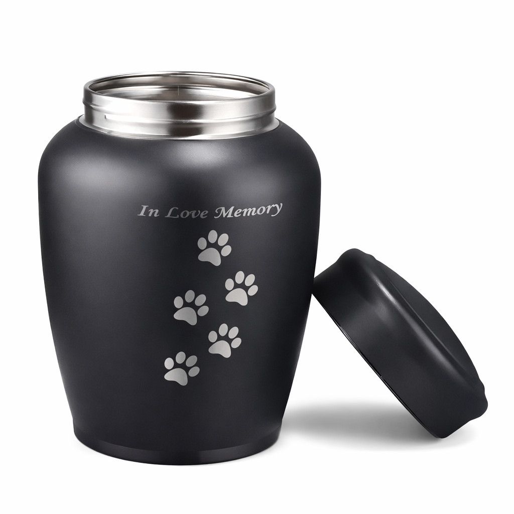 Mat zwarte dierenurn met schroefdeksel voor veilige bewaring van as