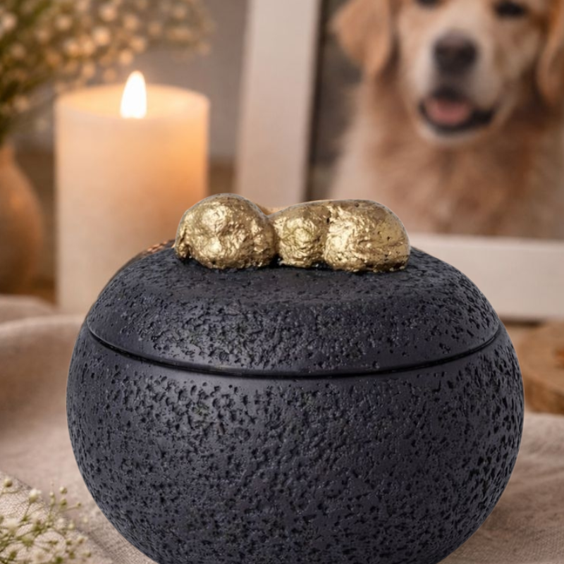 Stijlvolle zwarte hondenurn met ruwe structuur en gouden hondje bovenop