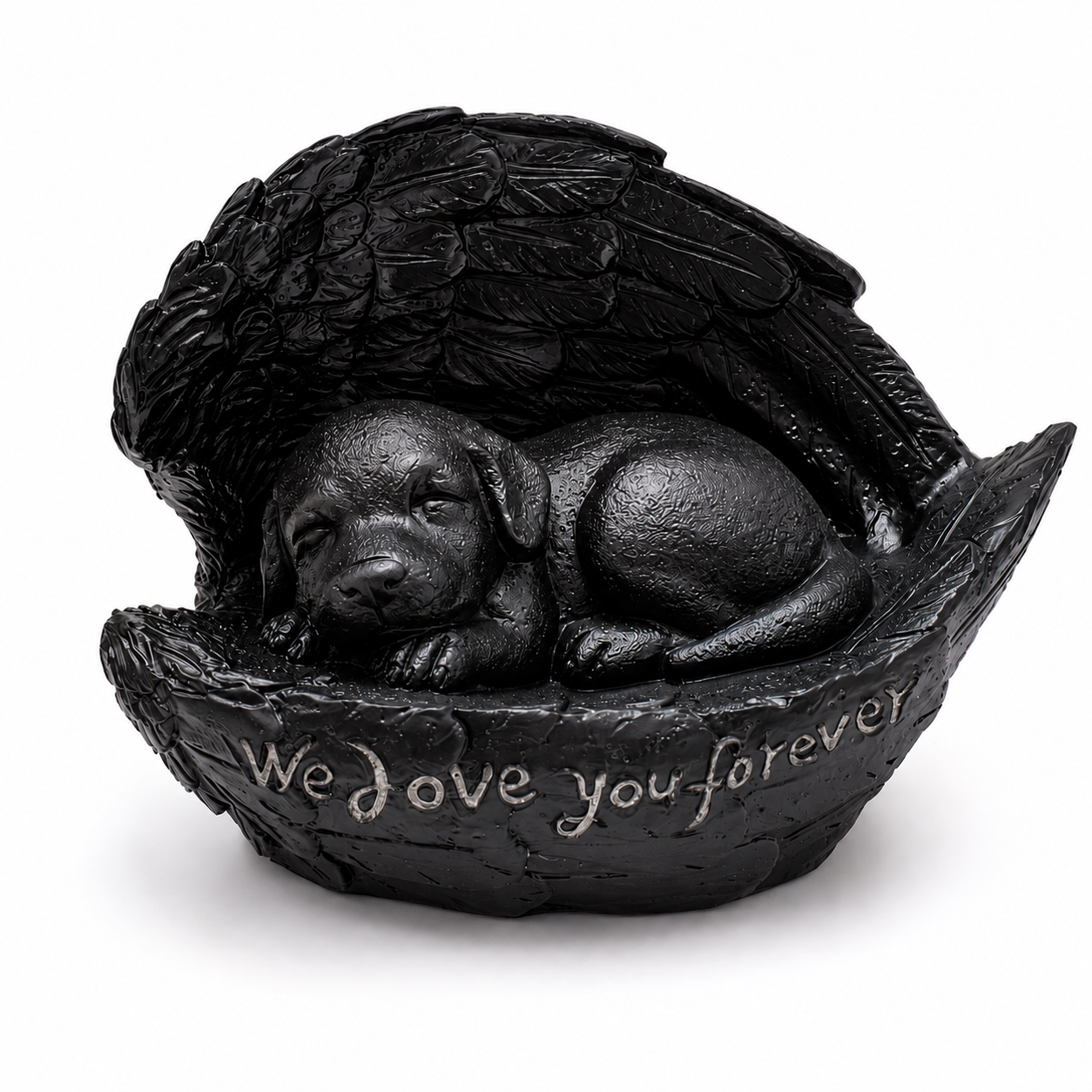 Honden urn -  een slapend hondje die omringd wordt door beschermende vleugels - Zwart