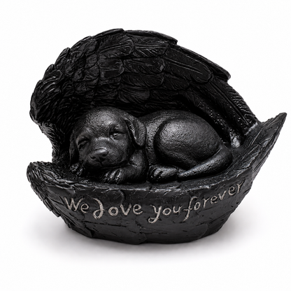 Honden urn -  een slapend hondje die omringd wordt door beschermende vleugels - Zwart