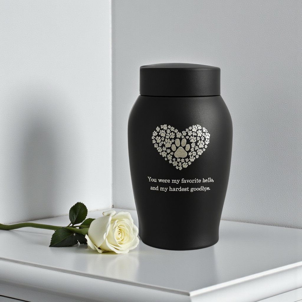 Pet memorial urn met emotionele inscriptie en hartvormig ontwerp van pootafdrukken, op witte ondergrond.

