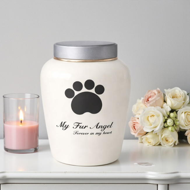  De urn is gemaakt van keramiek met een gladde, glanzende afwerking en een metalen deksel voor een veilige afsluiting