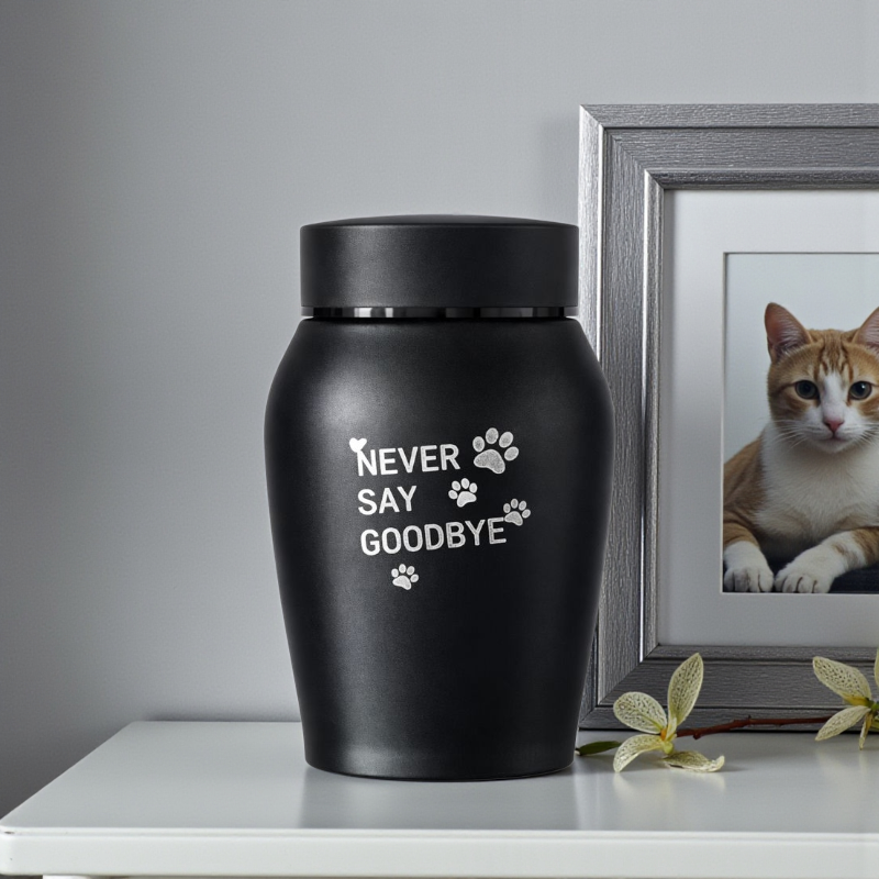 Troostrijke urn voor huisdieren met hartvormige details en pootafdrukken, gefotografeerd met zacht daglicht.

