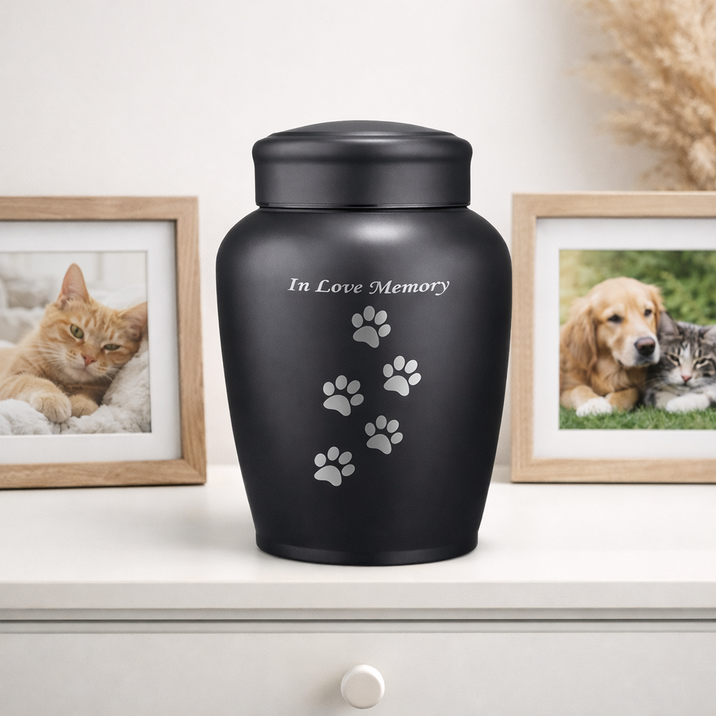 Grote urn voor hond en kat op wit dressoir met fotolijstjes