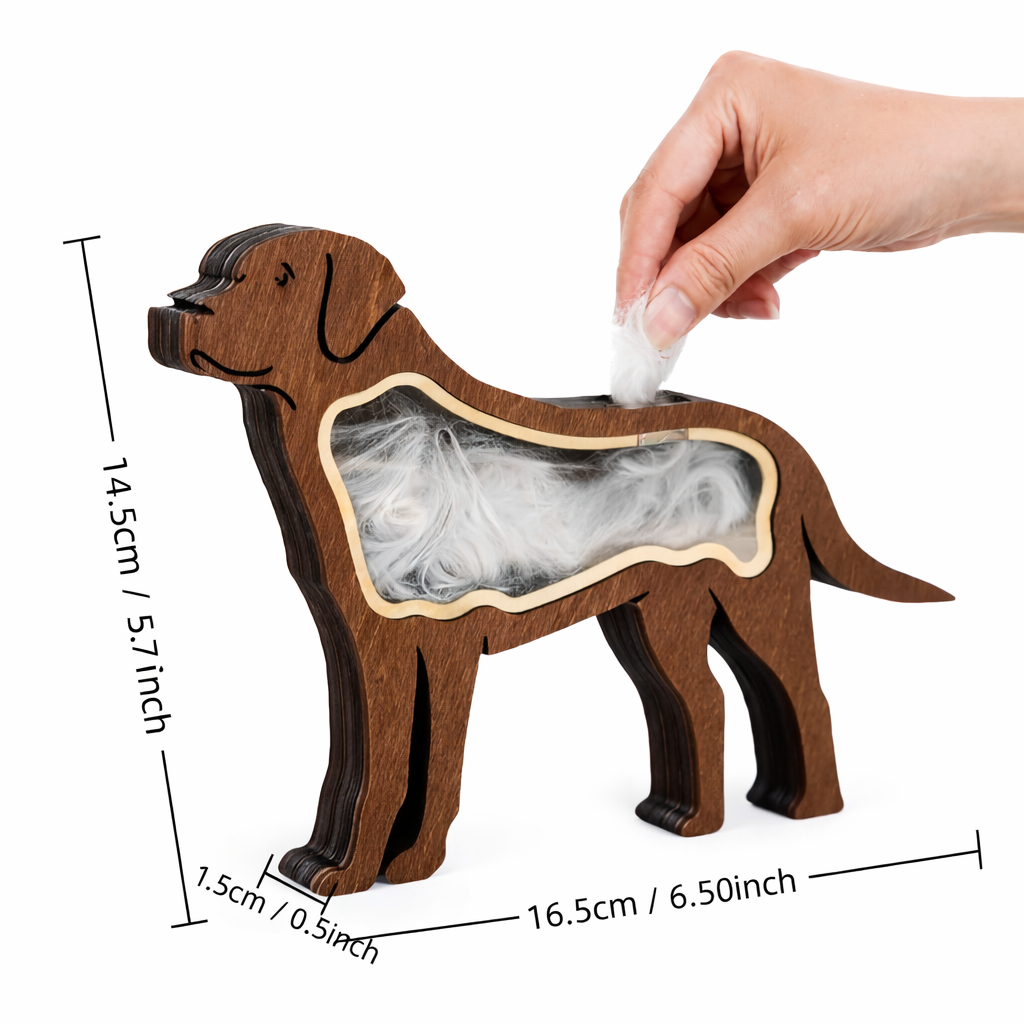 afmetingen van houten herinneringshond ontworpen om plukjes haar van je hond te  bewaren