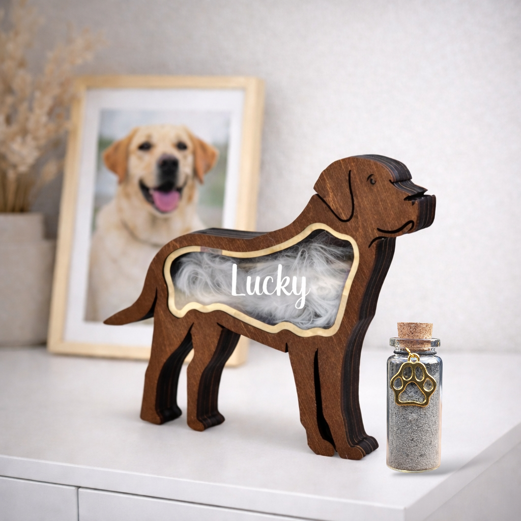 houten herinneringshond ontworpen om plukjes haar van je hond te  bewaren