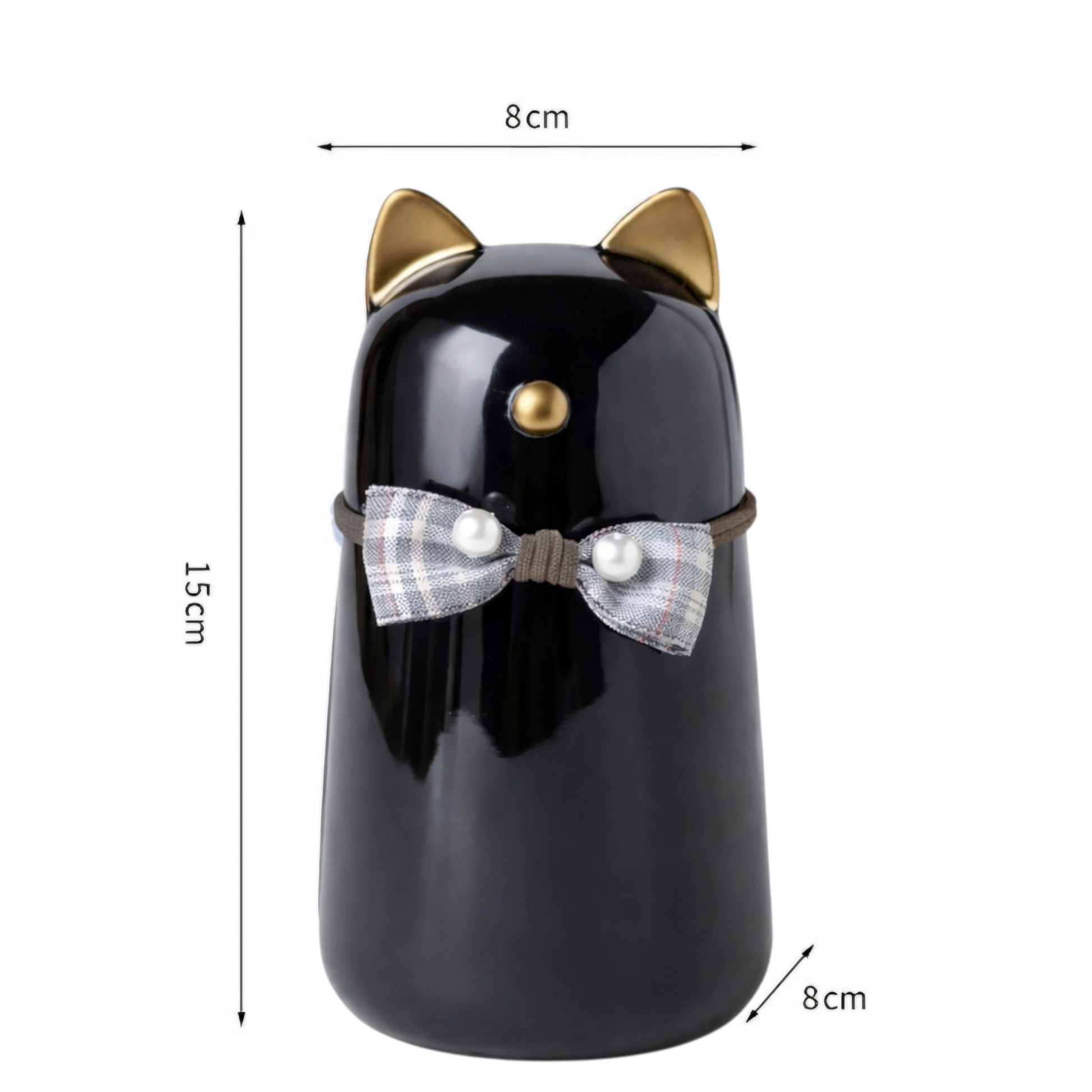 Katten urn 8 x 15 cm  - gemaakt van zwart keramiek, met goudkleurige details en is voorzien van een schattig strikje