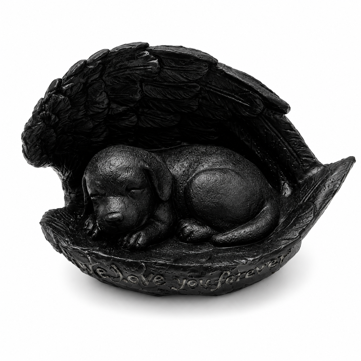 Urn voor hond - een slapend hondje die omringd wordt door beschermende vleugels - Zwart