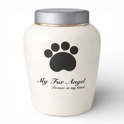  De urn is gemaakt van keramiek met een gladde, glanzende afwerking en een metalen deksel voor een veilige afsluiting