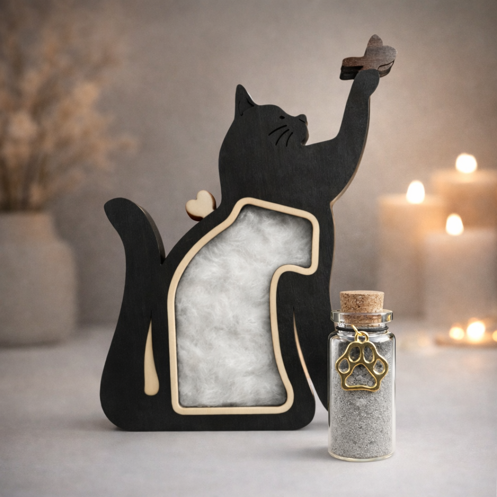 sfeerfoto van houten herinneringskat om plukjes haar van je kat te bewaren