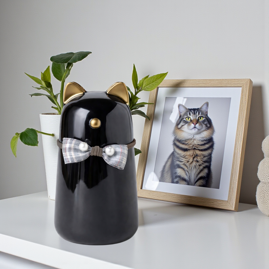 Urn Kat - gemaakt van zwart keramiek, met goudkleurige details en is voorzien van een schattig strikje