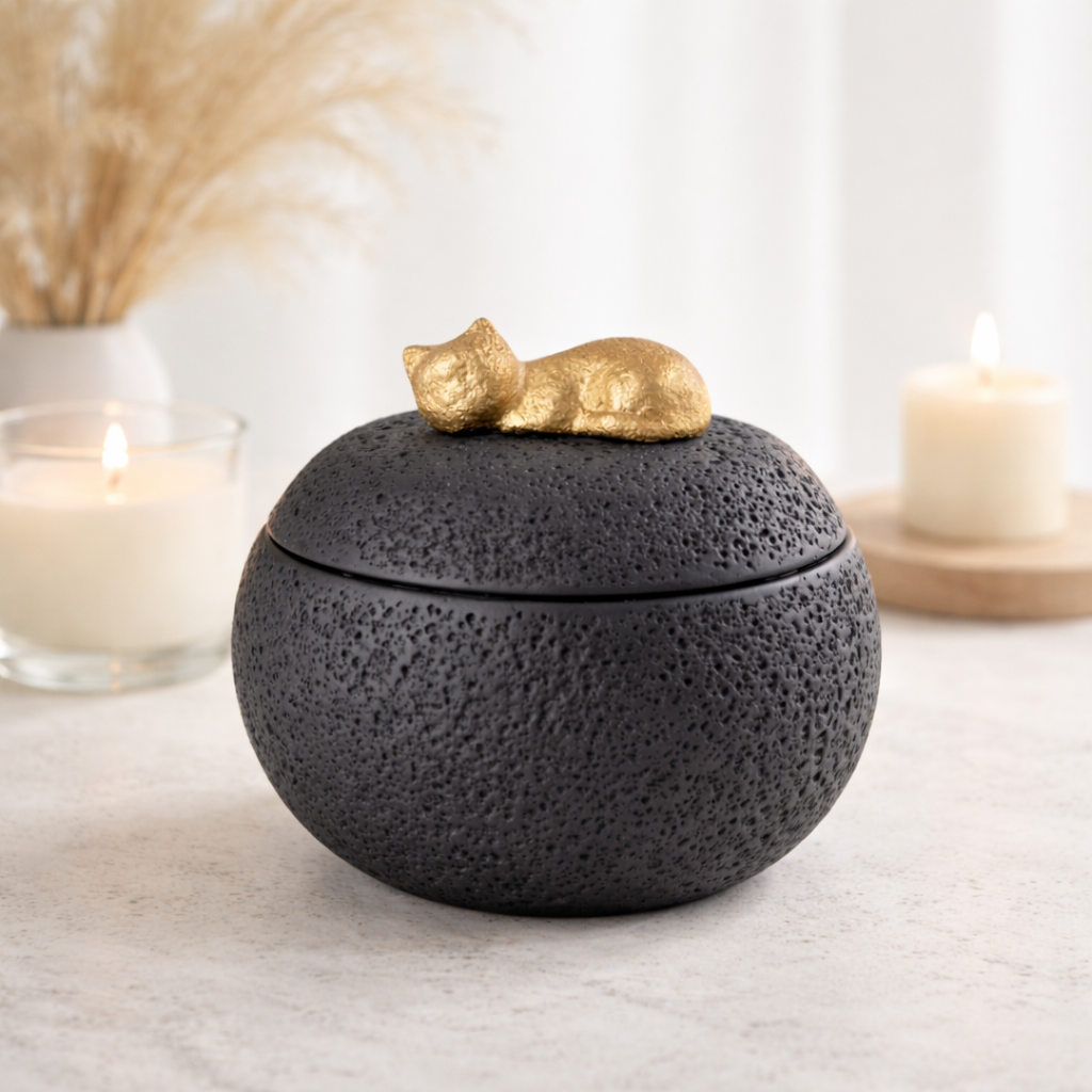 Elegante herdenkingsurn voor kat in zwart keramiek met gouden kat op deksel