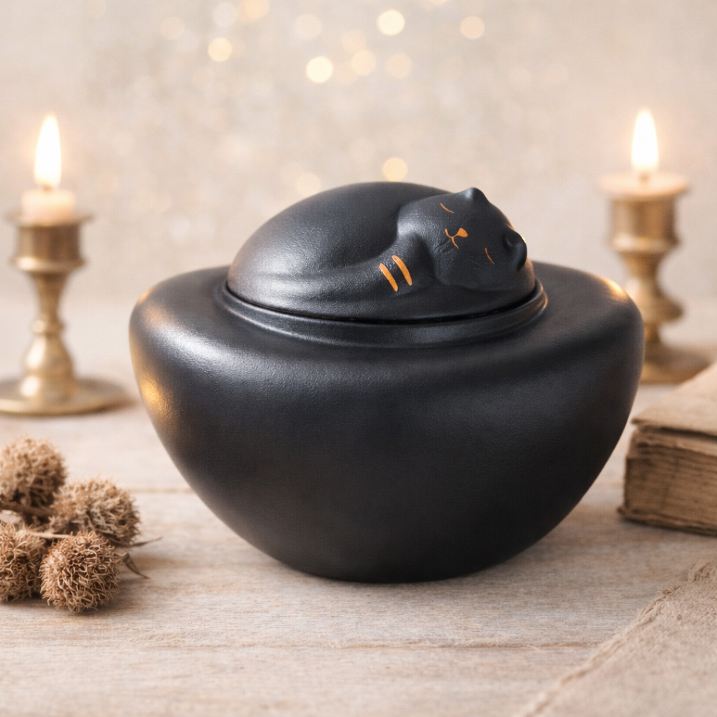 Stijlvolle zwarte katten urn met gladde  structuur en kat bovenop